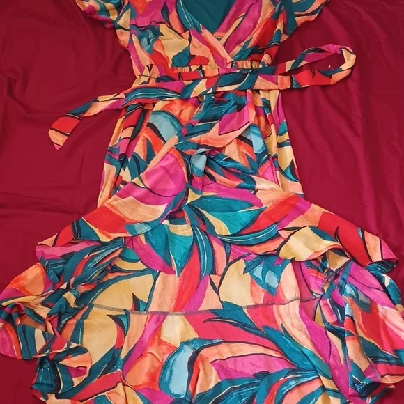 Nicole Miller NY Colorful Wrap Dress Belted Waist Classy Easter Spring Summer L - Picture 5 of 8